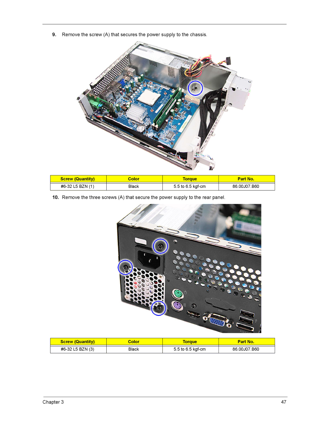 Acer ASX1200, ASX3200 manual Screw Quantity Color Torque #6-32 L5 BZN Black, 86.00J07.B60 