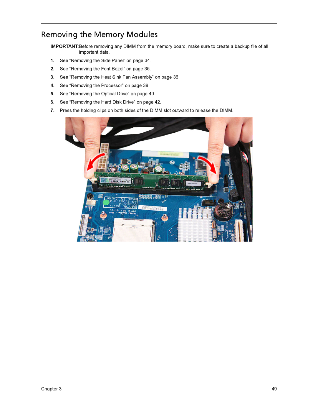 Acer ASX1200, ASX3200 manual Removing the Memory Modules 