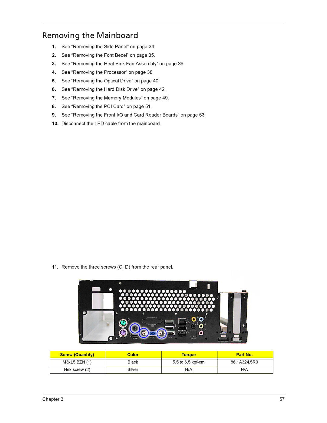 Acer ASX1200, ASX3200 manual Removing the Mainboard, Screw Quantity Color Torque 