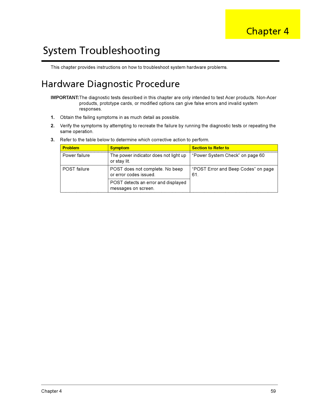 Acer ASX1200, ASX3200 manual Hardware Diagnostic Procedure, Problem Symptom Section to Refer to 