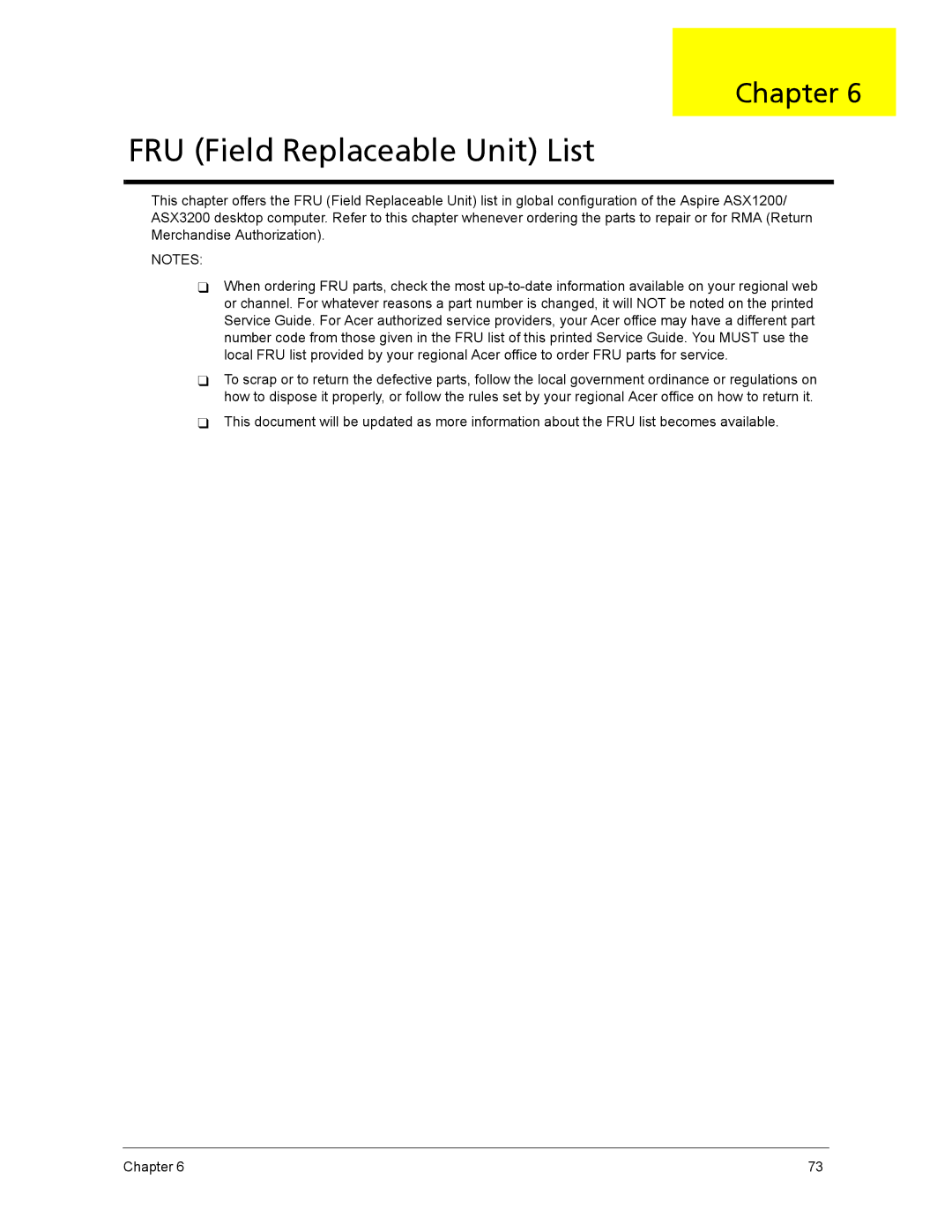 Acer ASX1200, ASX3200 manual FRU Field Replaceable Unit List 