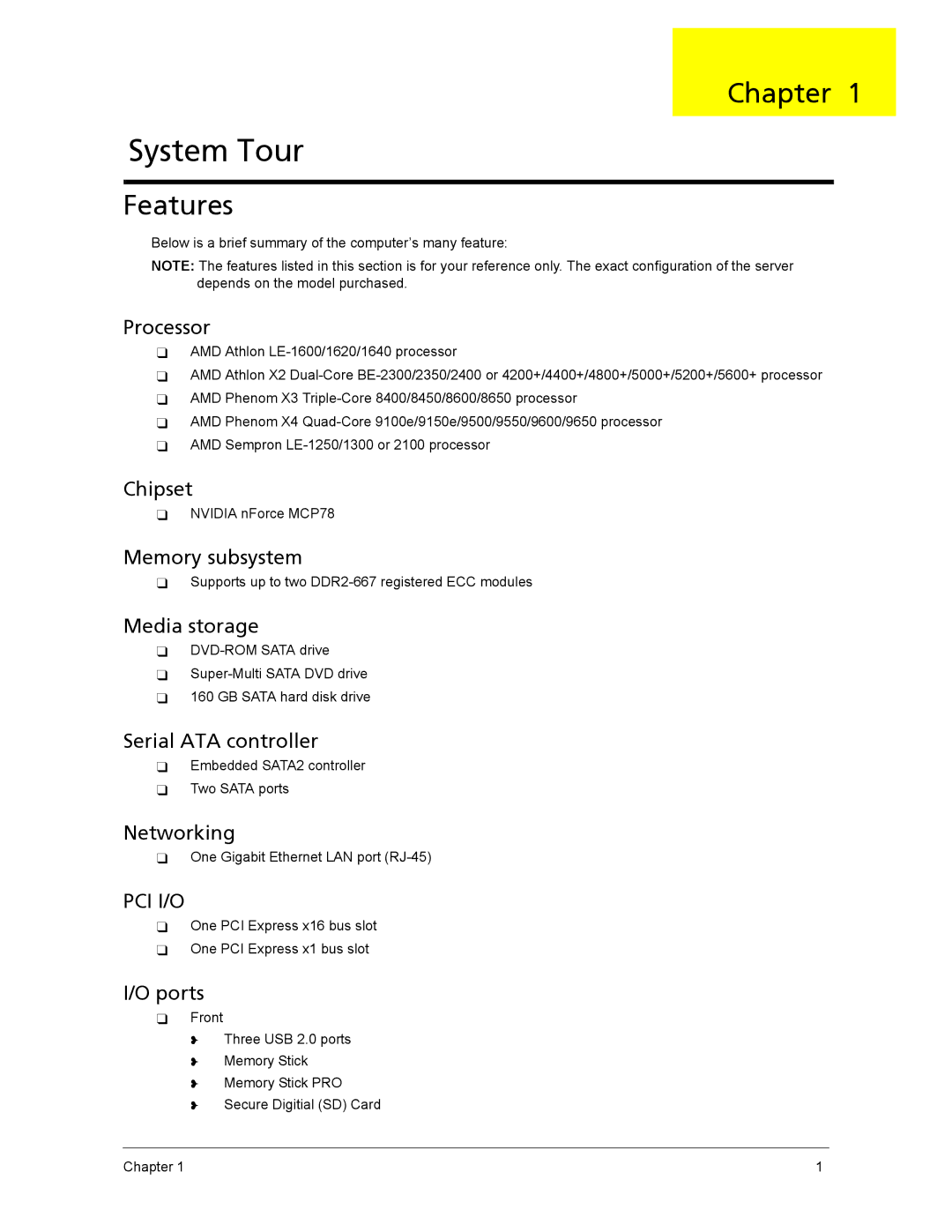 Acer ASX1200, ASX3200 manual Chapter, Features 