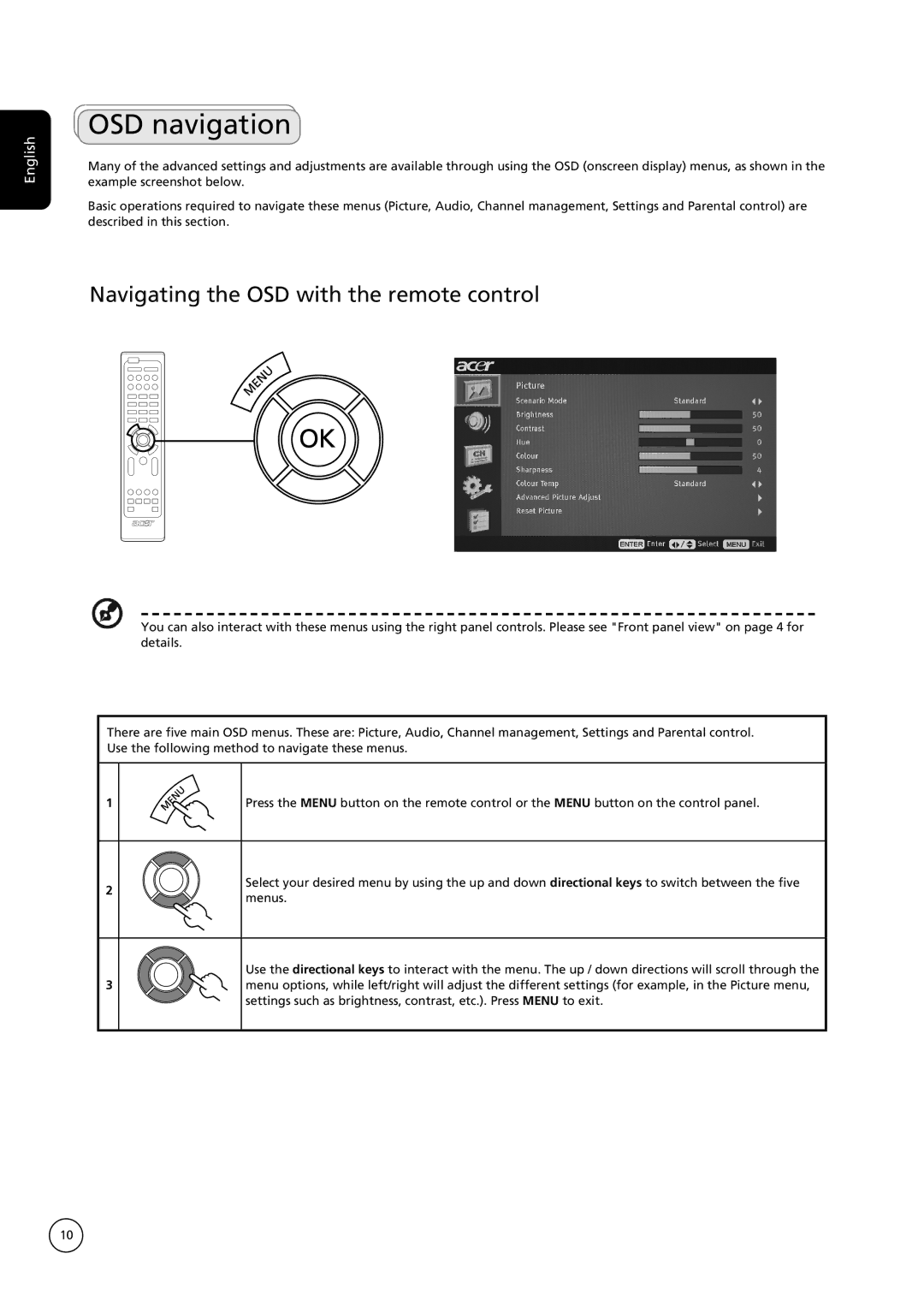 Acer AT1935 important safety instructions OSD navigation, Navigating the OSD with the remote control 