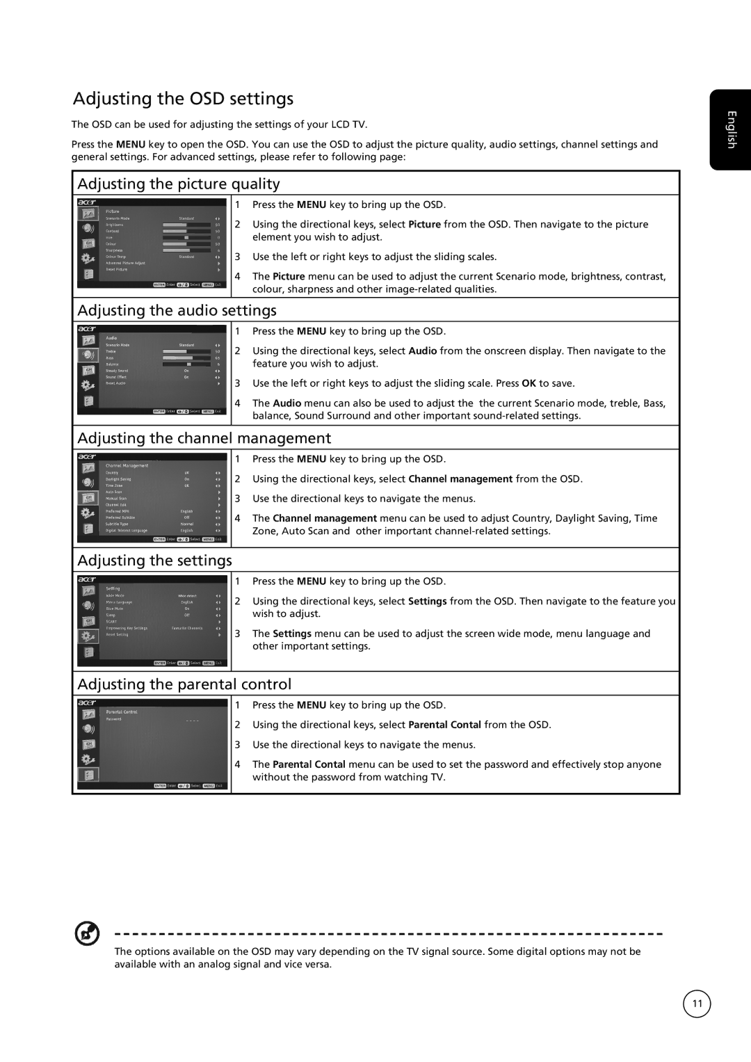 Acer AT1935 important safety instructions Adjusting the OSD settings 