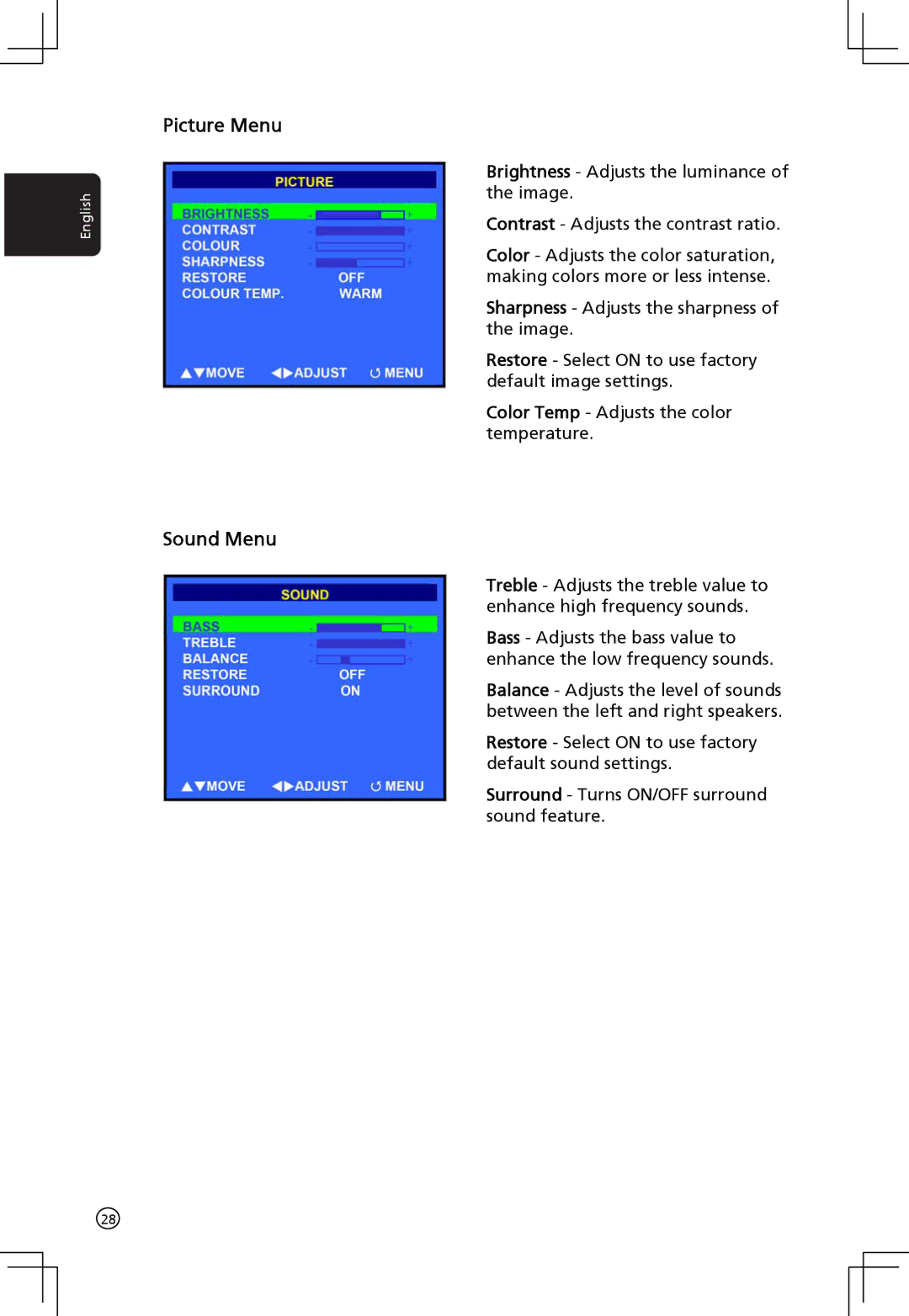 Acer AT2001 manual Picture Menu, Sound Menu 