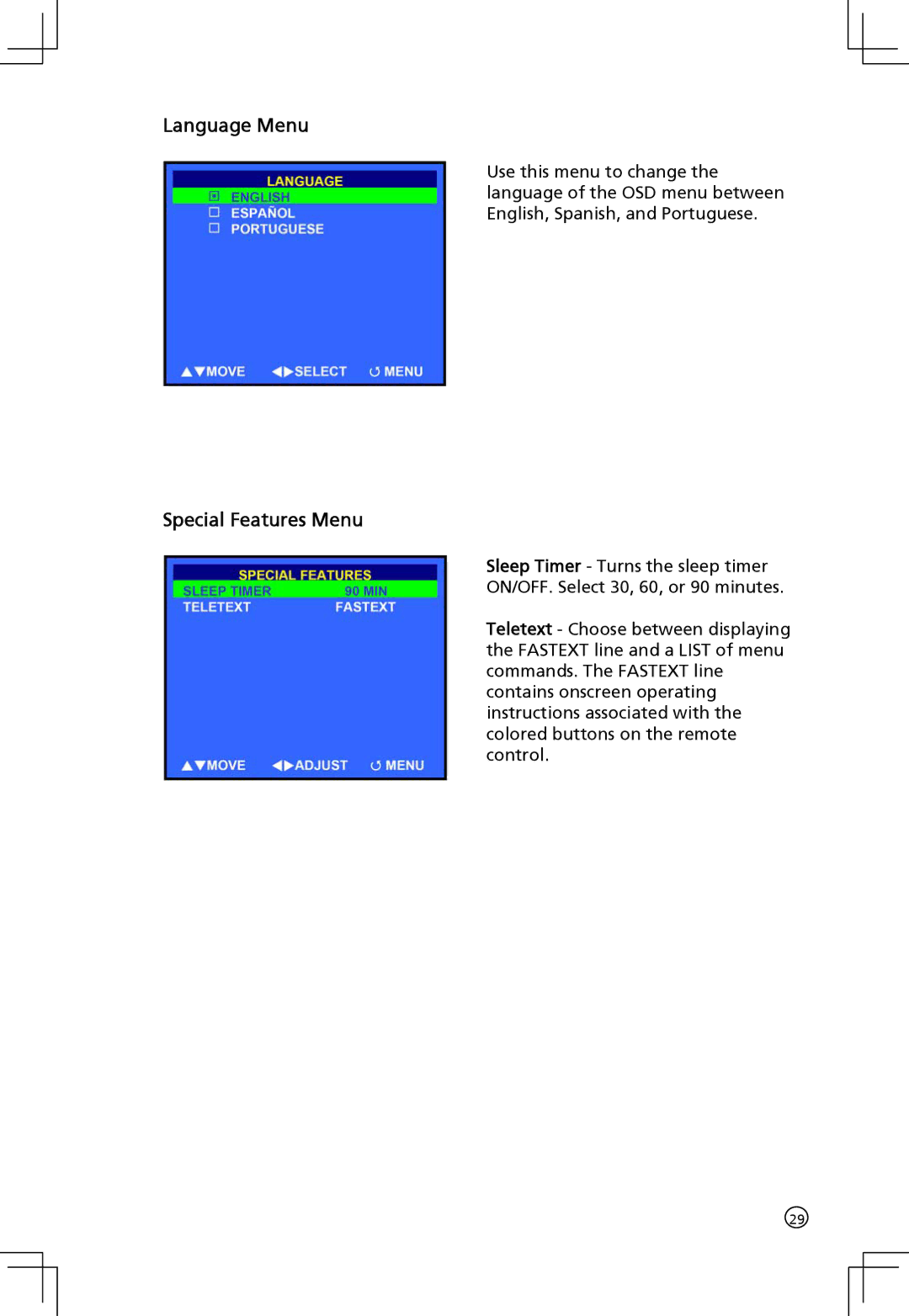 Acer AT2001 manual Language Menu, Special Features Menu 