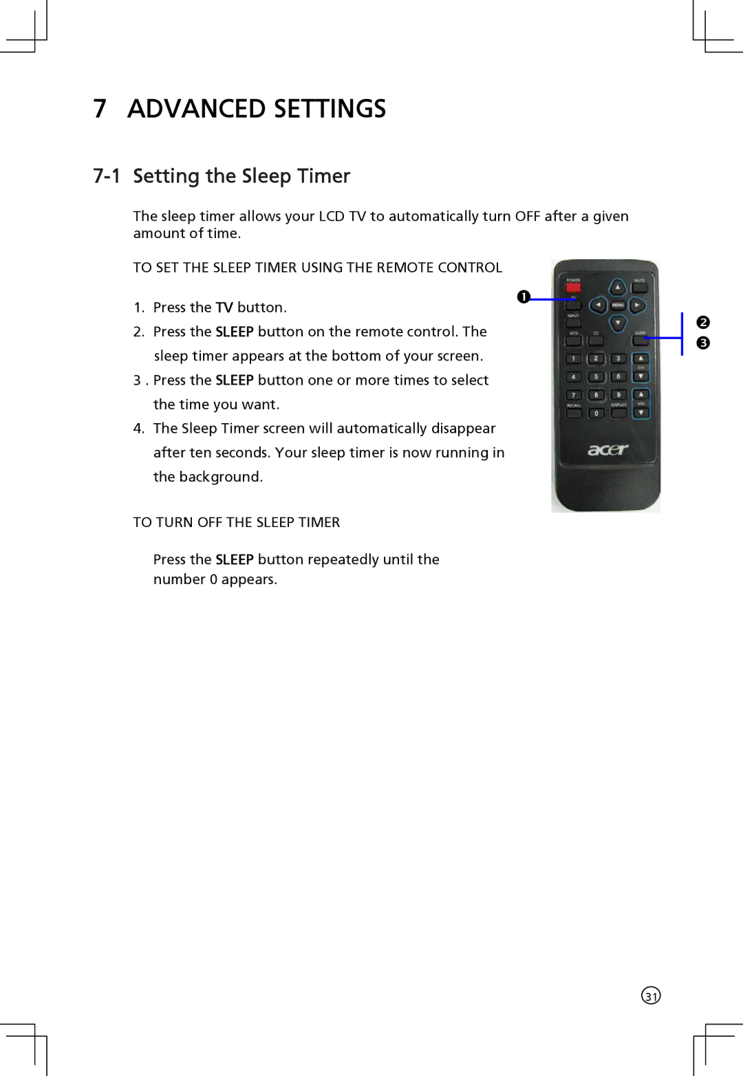 Acer AT2001 manual Advanced Settings, Setting the Sleep Timer 