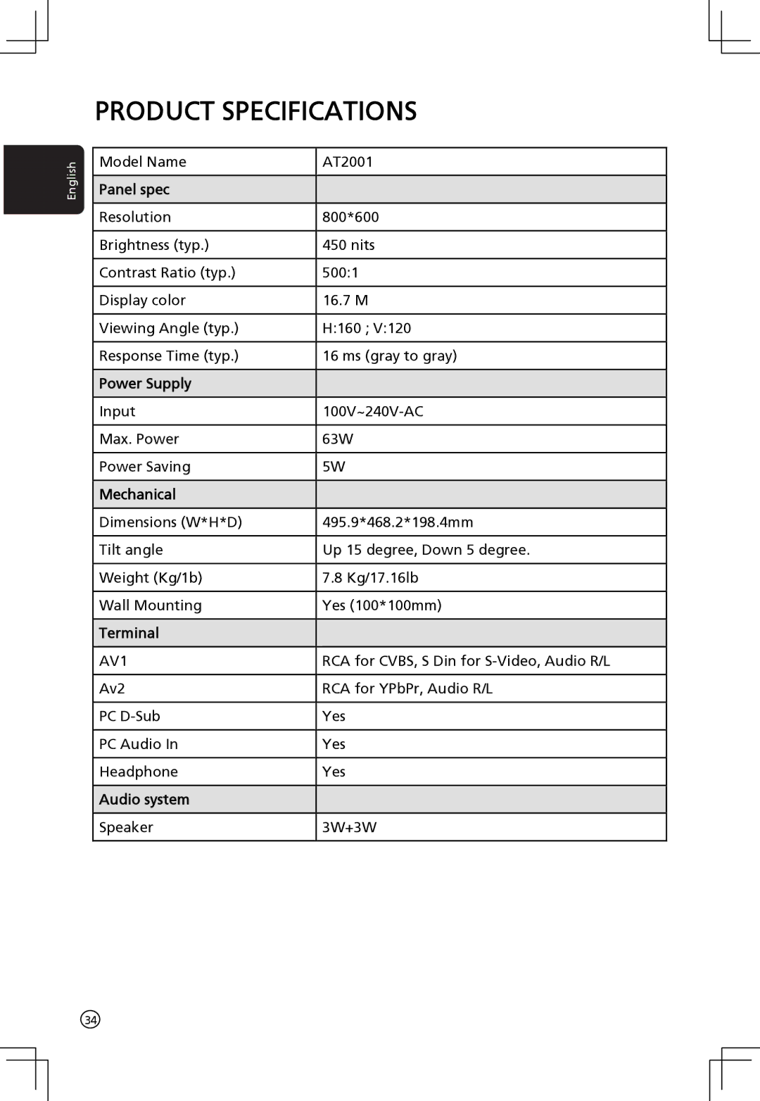 Acer AT2001 manual Product Specifications, Panel spec 