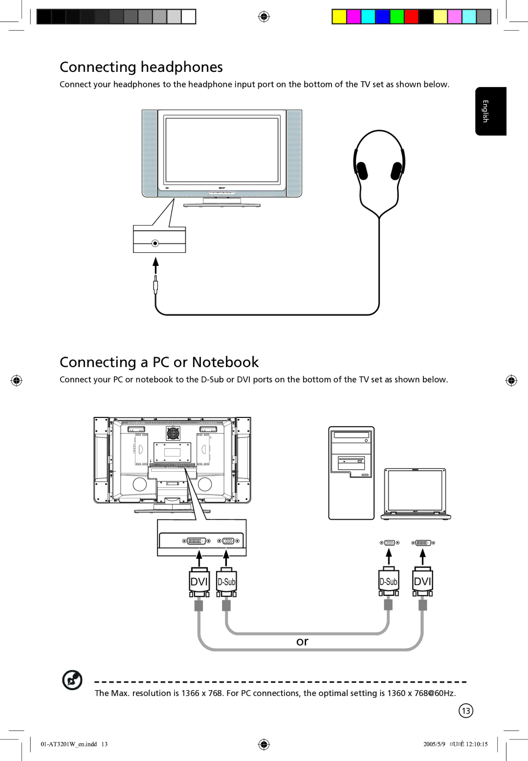 Acer AT3201W manual Connecting headphones, Connecting a PC or Notebook 