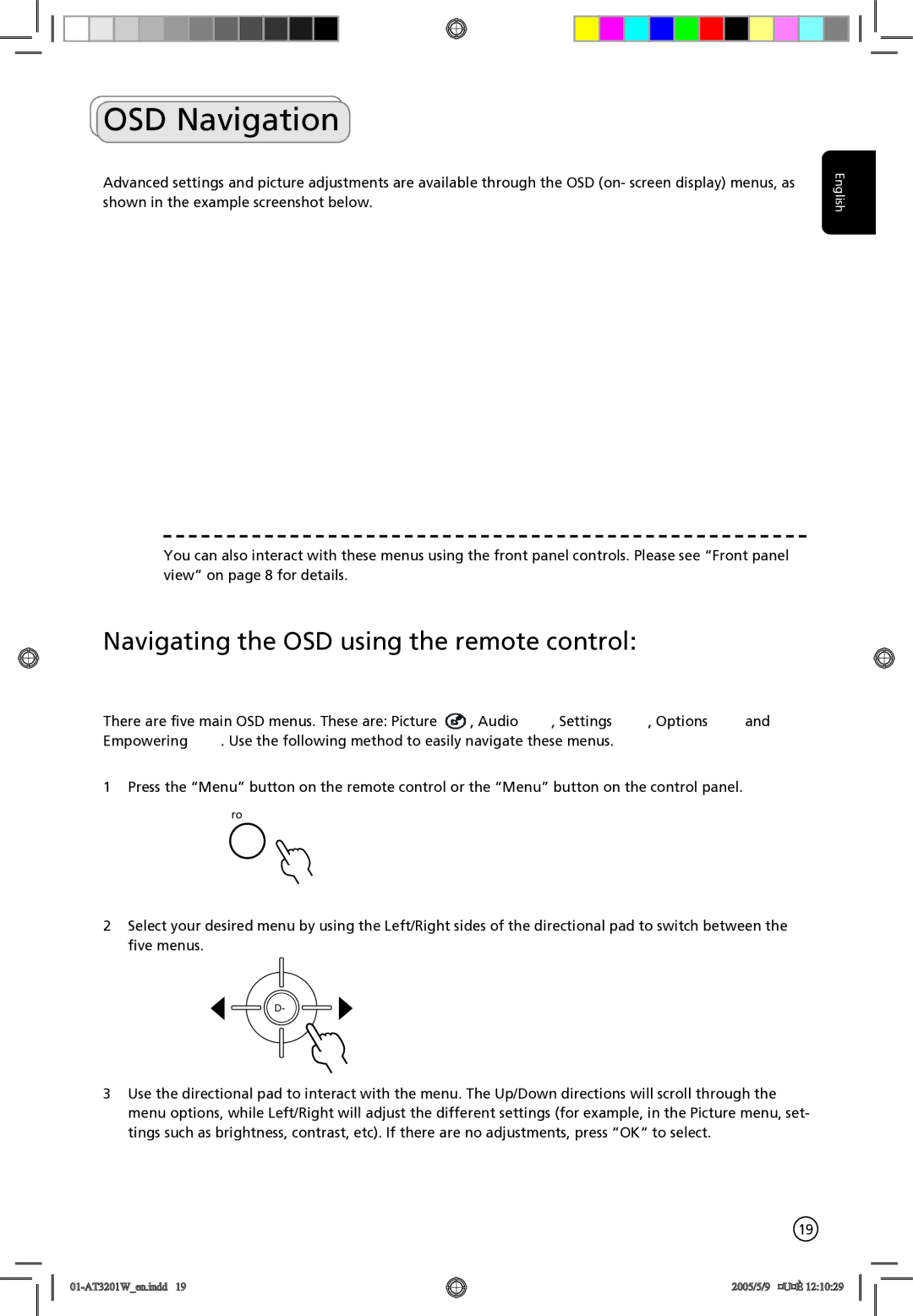 Acer AT3201W manual OSD Navigation, Navigating the OSD using the remote control 