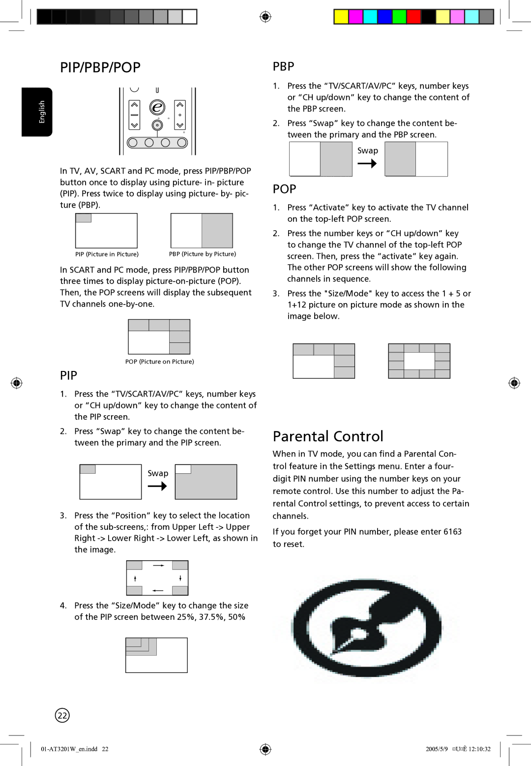 Acer AT3201W manual Pip/Pbp/Pop, Parental Control 