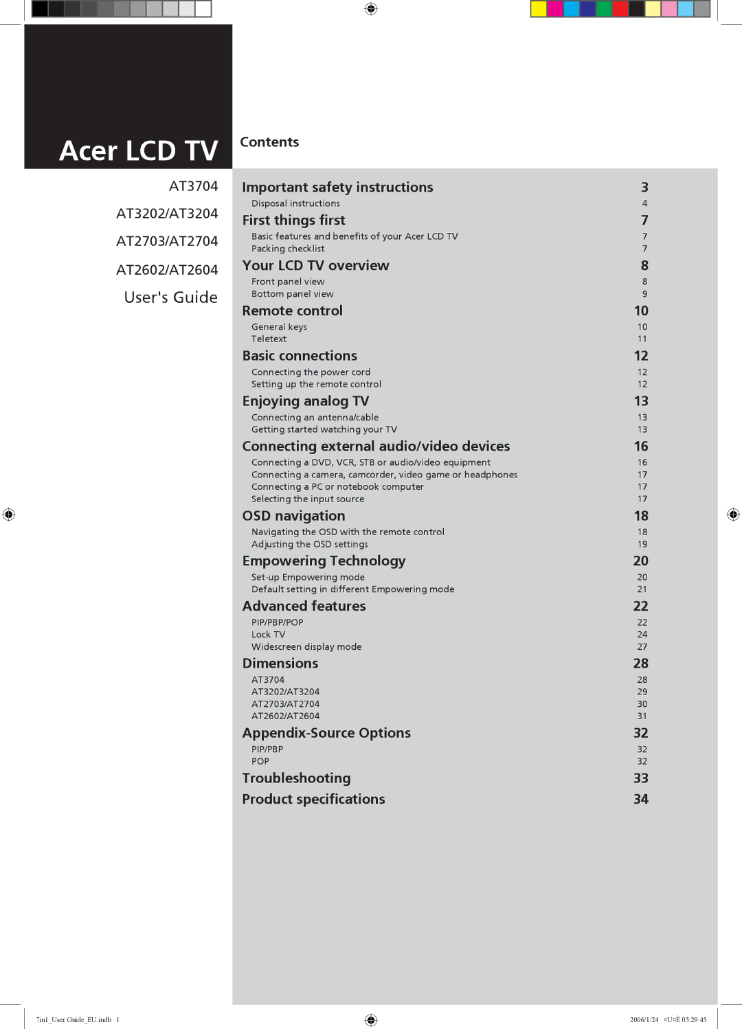 Acer important safety instructions Users Guide, AT3704 AT3202/AT3204 AT2703/AT2704 AT2602/AT2604 