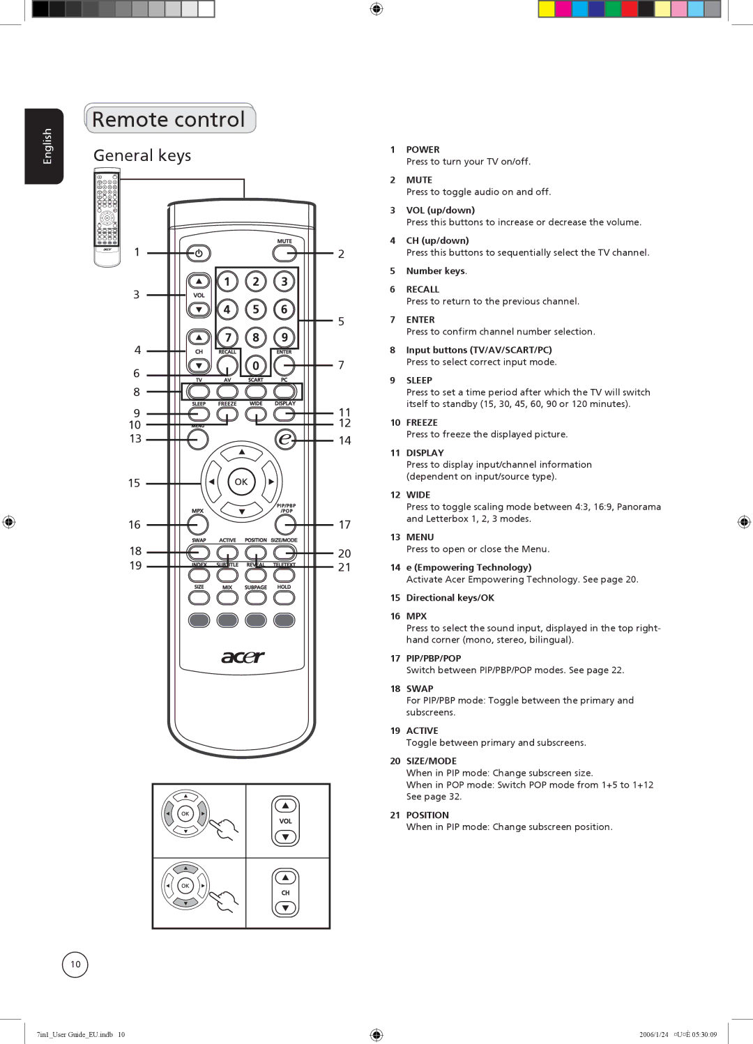 Acer AT3704, AT3204, AT2604, AT2703 VOL up/down, CH up/down, Number keys, Empowering Technology, Directional keys/OK 16 MPX 