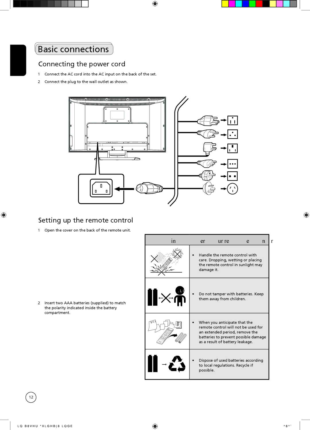 Acer AT2602, AT3204, AT2604, AT2703, AT3704 Basic connections, Connecting the power cord, Setting up the remote control 