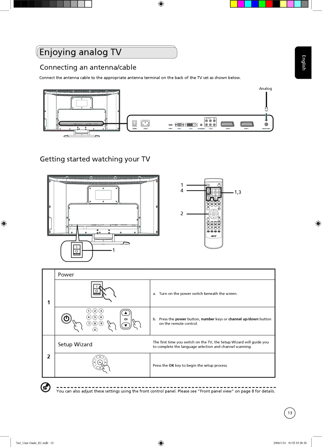 Acer AT2704, AT3204, AT2604, AT2703, AT3704 Enjoying analog TV, Connecting an antenna/cable, Getting started watching your TV 