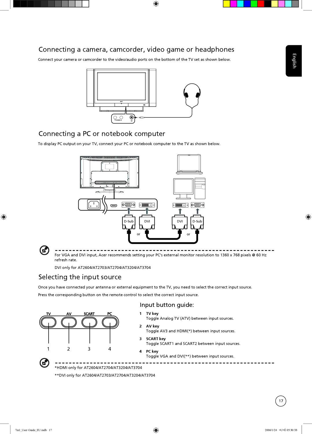 Acer AT3704, AT3204, AT2604 Connecting a camera, camcorder, video game or headphones, Connecting a PC or notebook computer 