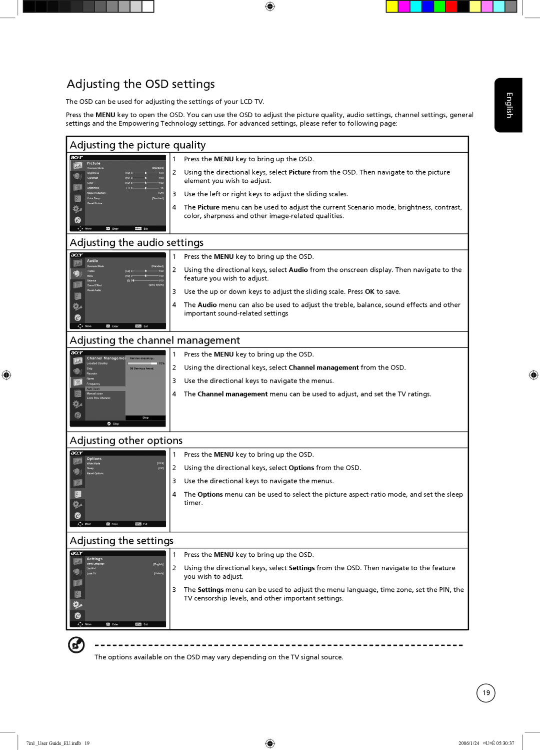 Acer AT2602, AT3204, AT2604, AT2703, AT3704, AT3202, AT2704 important safety instructions Adjusting the OSD settings 