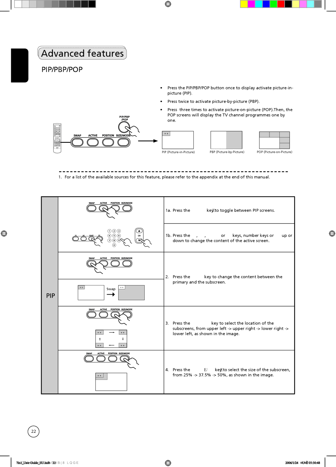 Acer AT2604, AT3204, AT2703, AT3704, AT3202, AT2602, AT2704 important safety instructions Advanced features, Pip/Pbp/Pop 