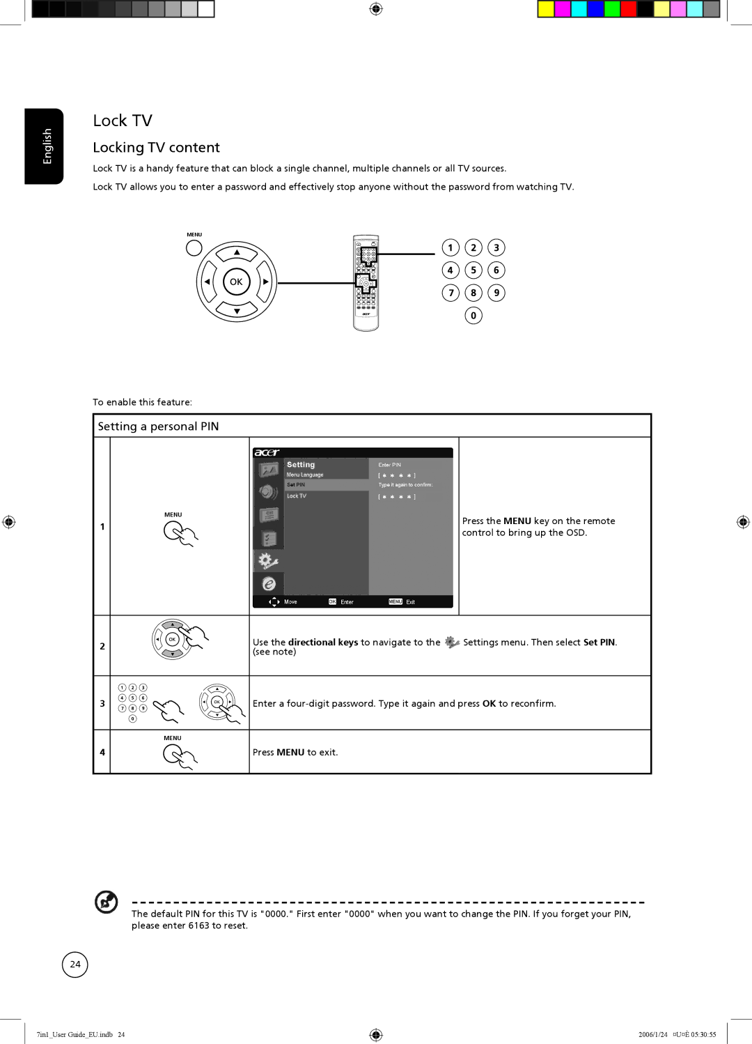 Acer AT3704, AT3204, AT2604, AT2703, AT3202, AT2602, AT2704 Lock TV, Locking TV content, Setting a personal PIN 