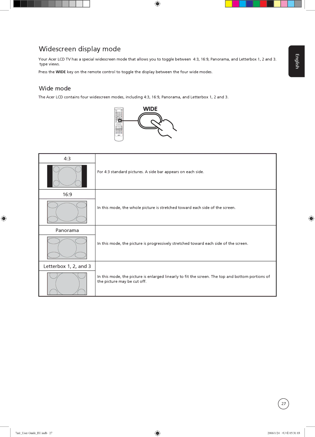 Acer AT2704, AT3204, AT2604, AT2703, AT3704, AT3202, AT2602 Widescreen display mode, Wide mode, 169, Panorama, Letterbox 1, 2 