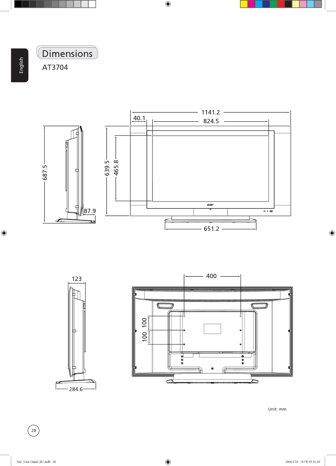 Acer AT3204, AT2604, AT2703, AT3704, AT3202, AT2602 Dimensions, 40.1 687.5 639.5 465.8 87.9 123 100, 1141.2 824.5 651.2 400 