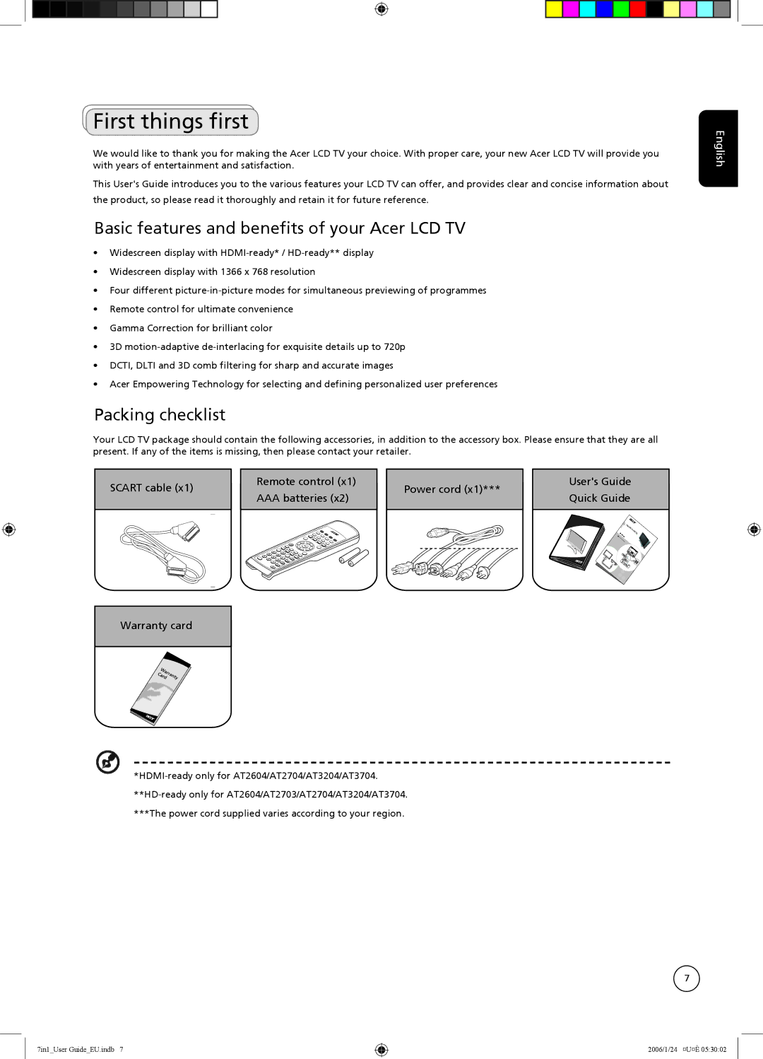 Acer AT3204, AT2604, AT2703, AT3704 First things first, Basic features and benefits of your Acer LCD TV, Packing checklist 