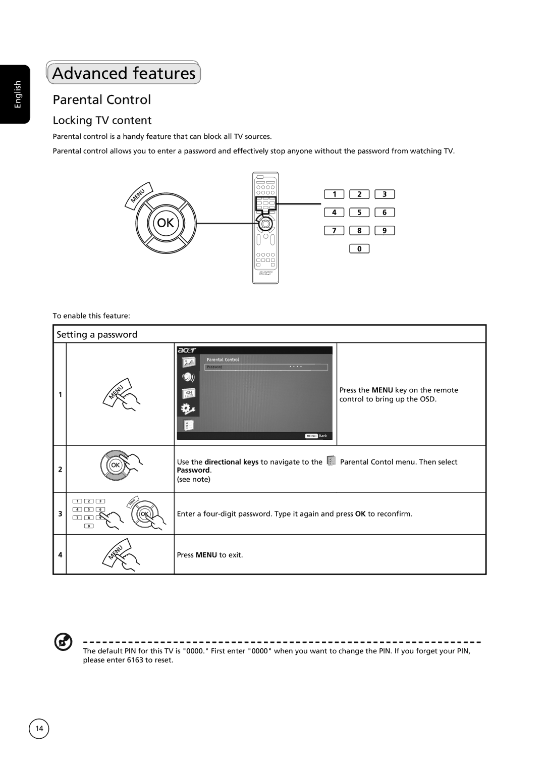 Acer AT3235, AT2635 manual Advanced features, Parental Control, Locking TV content, Setting a password 