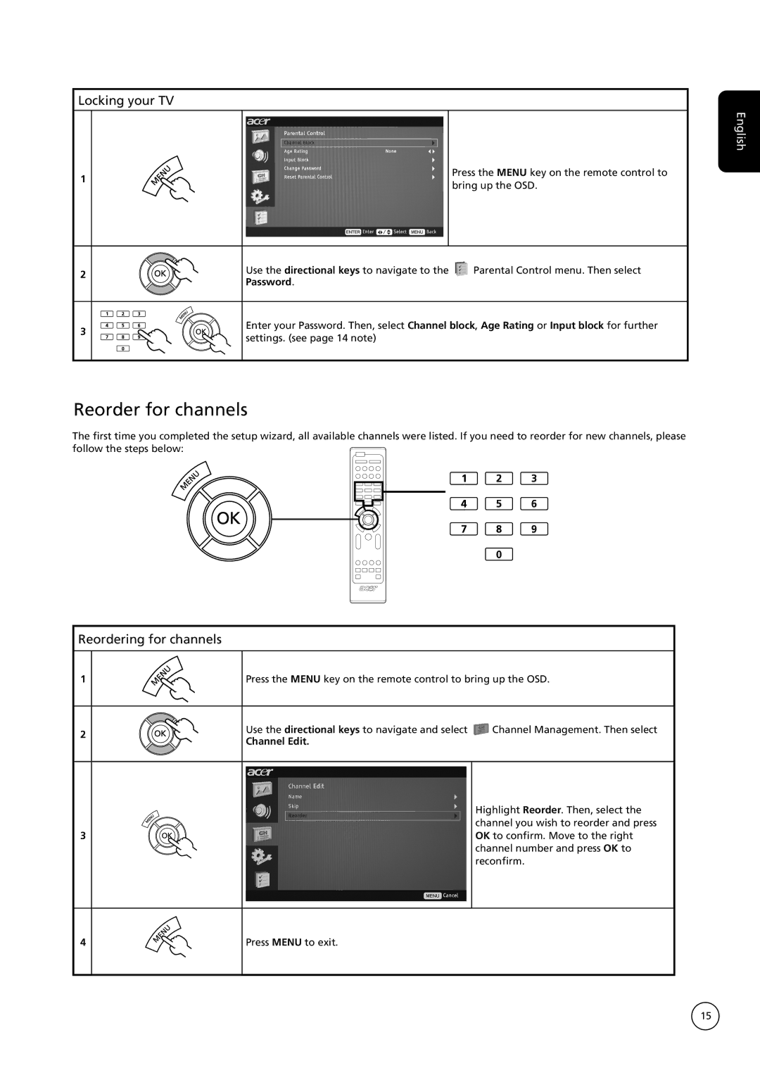 Acer AT2635, AT3235 manual Reorder for channels, Locking your TV, Reordering for channels 