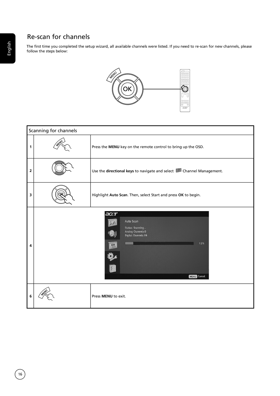 Acer AT3235, AT2635 manual Re-scan for channels, Scanning for channels 