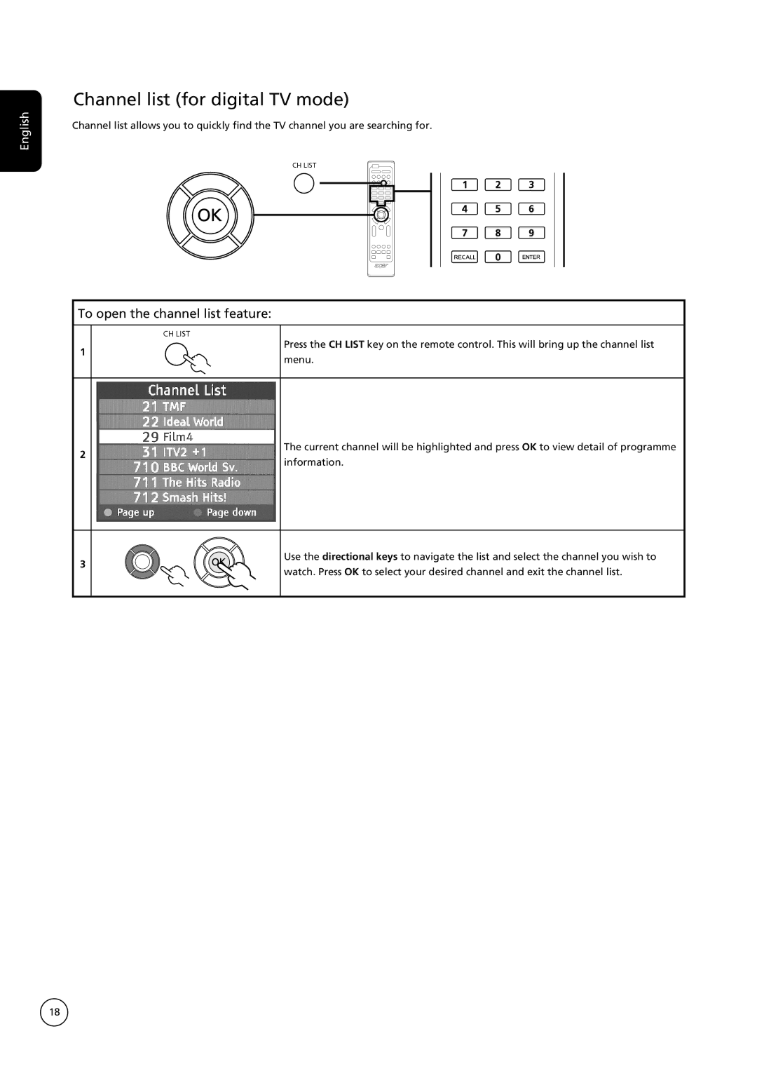 Acer AT3235, AT2635 manual Channel list for digital TV mode, To open the channel list feature 