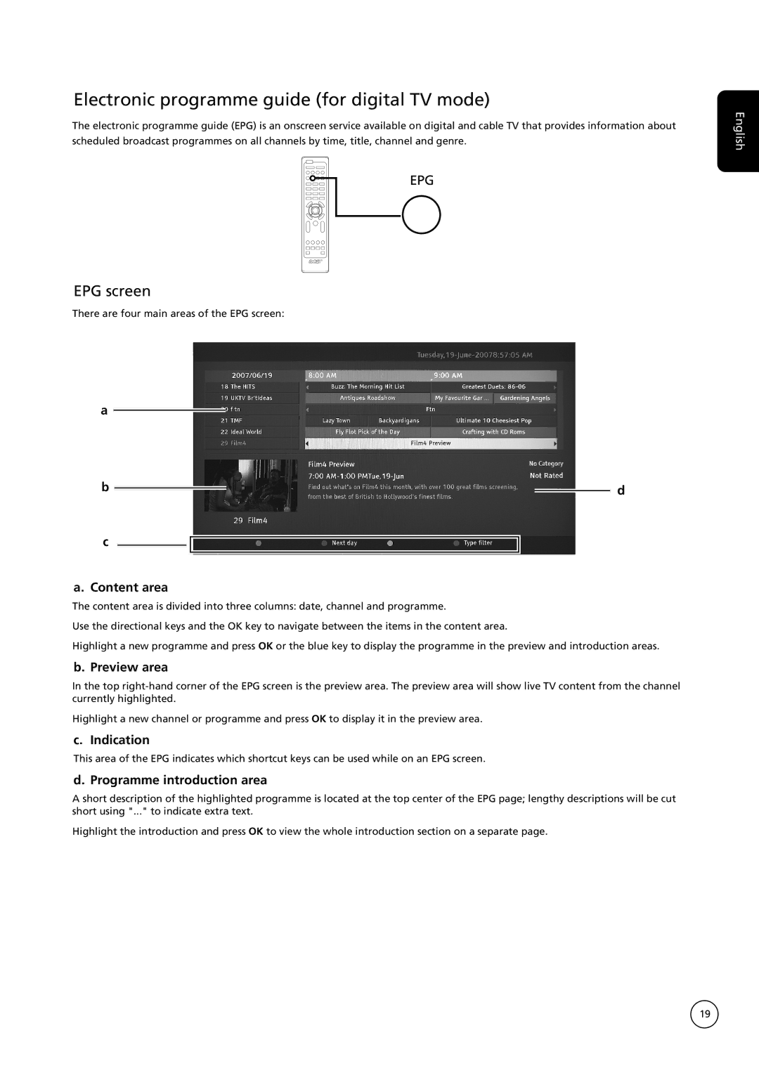 Acer AT2635, AT3235 manual Electronic programme guide for digital TV mode, EPG screen 