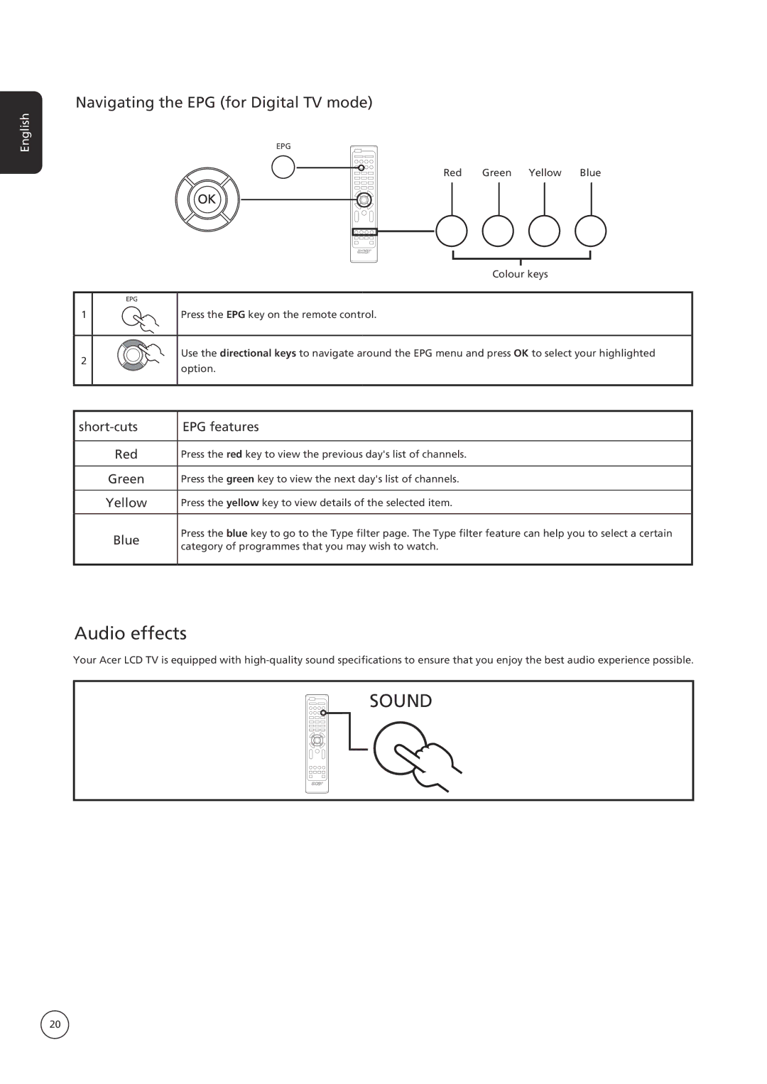 Acer AT3235, AT2635 manual Audio effects, Navigating the EPG for Digital TV mode 