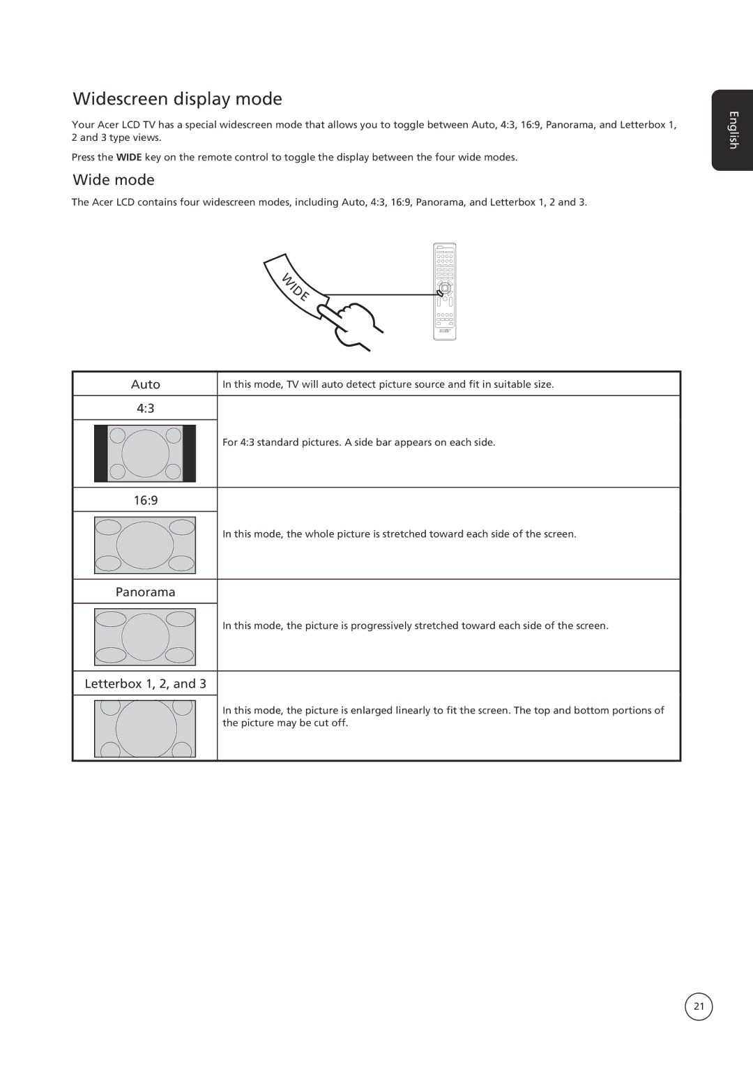 Acer AT2635, AT3235 manual Widescreen display mode, Wide mode 