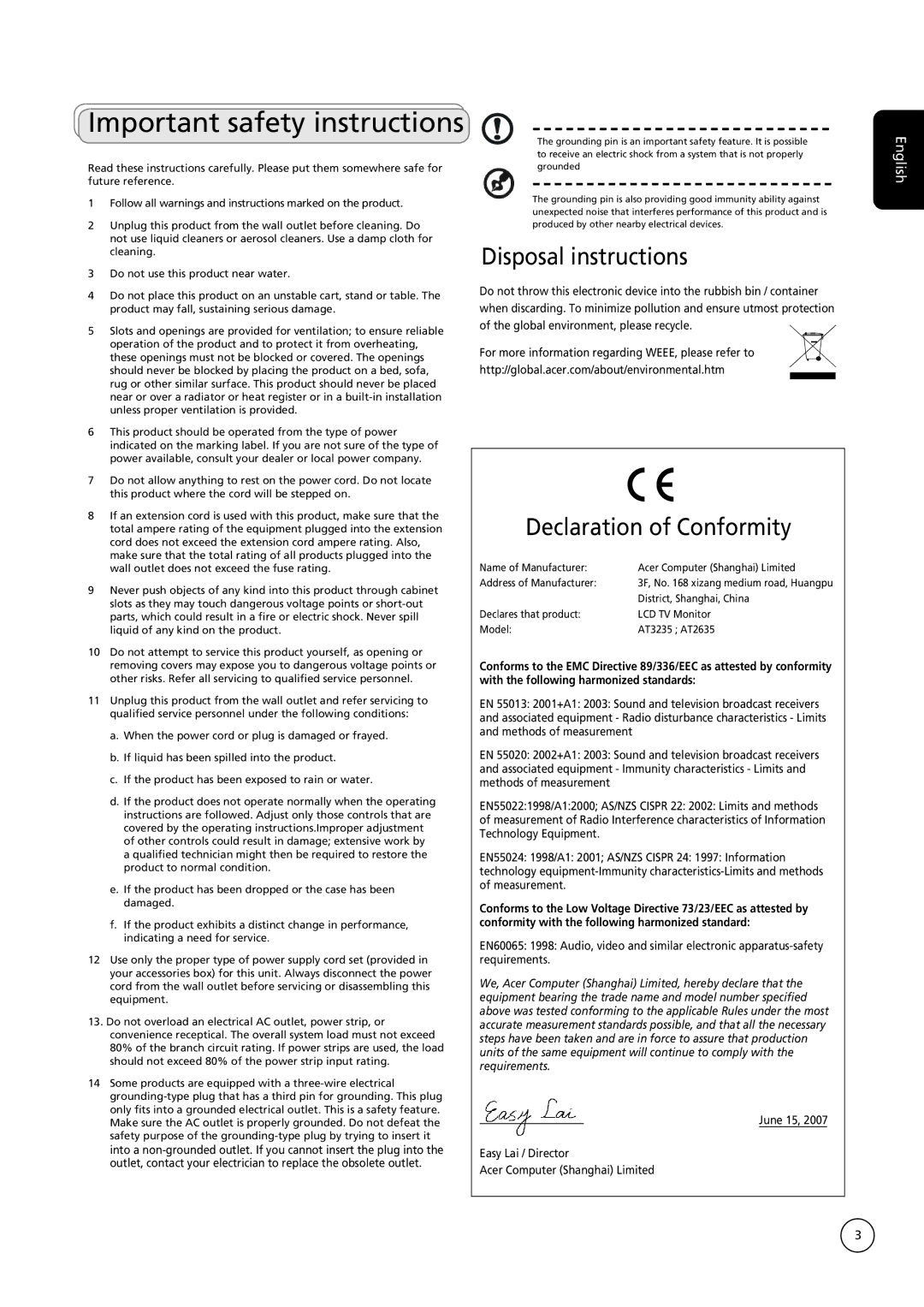 Acer AT2635, AT3235 manual Important safety instructions, Disposal instructions 