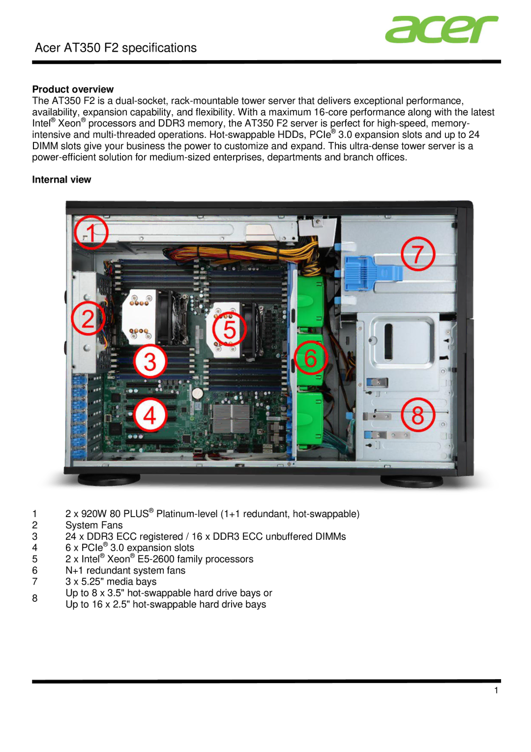 Acer AT350 F2 specifications Product overview, Internal view 