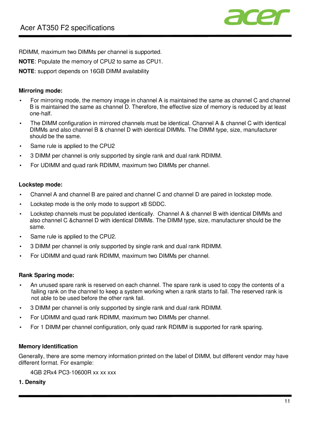 Acer AT350 F2 specifications Mirroring mode, Lockstep mode, Rank Sparing mode, Memory Identification, Density 