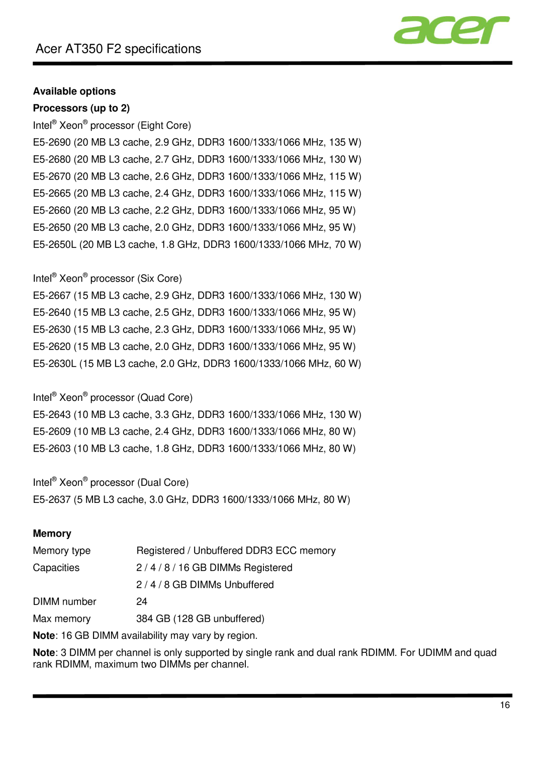 Acer AT350 F2 specifications Available options Processors up to, Memory 