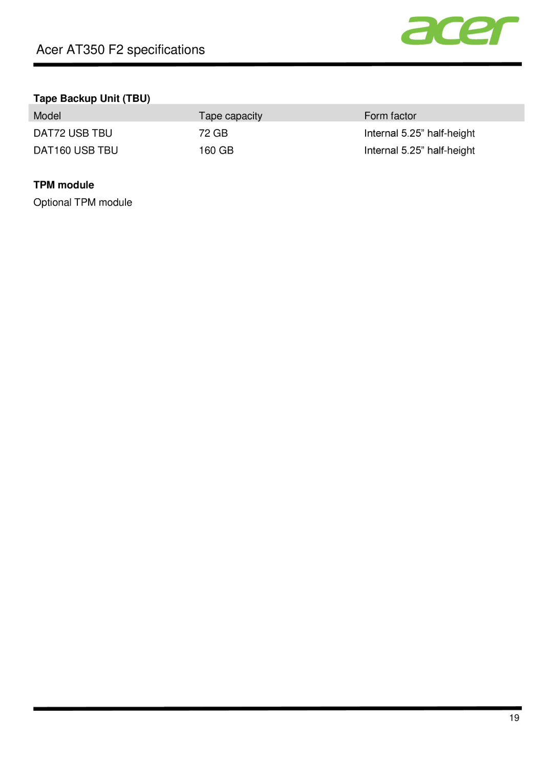 Acer AT350 F2 specifications Tape Backup Unit TBU, TPM module 
