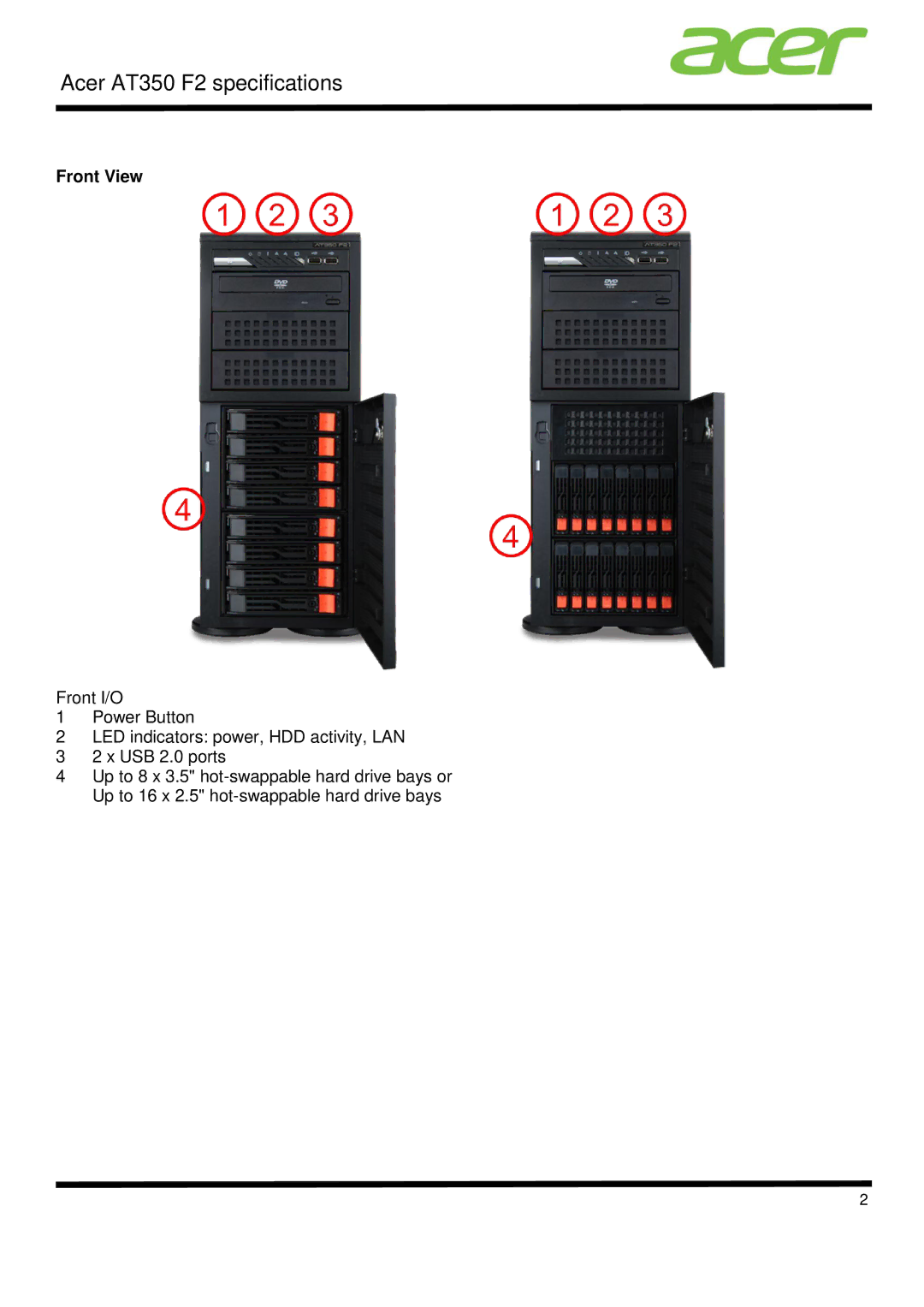 Acer AT350 F2 specifications Front View 