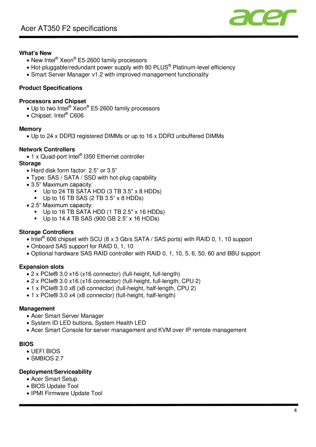 Acer AT350 F2 Whats New, Product Specifications Processors and Chipset, Memory, Network Controllers, Storage, Management 