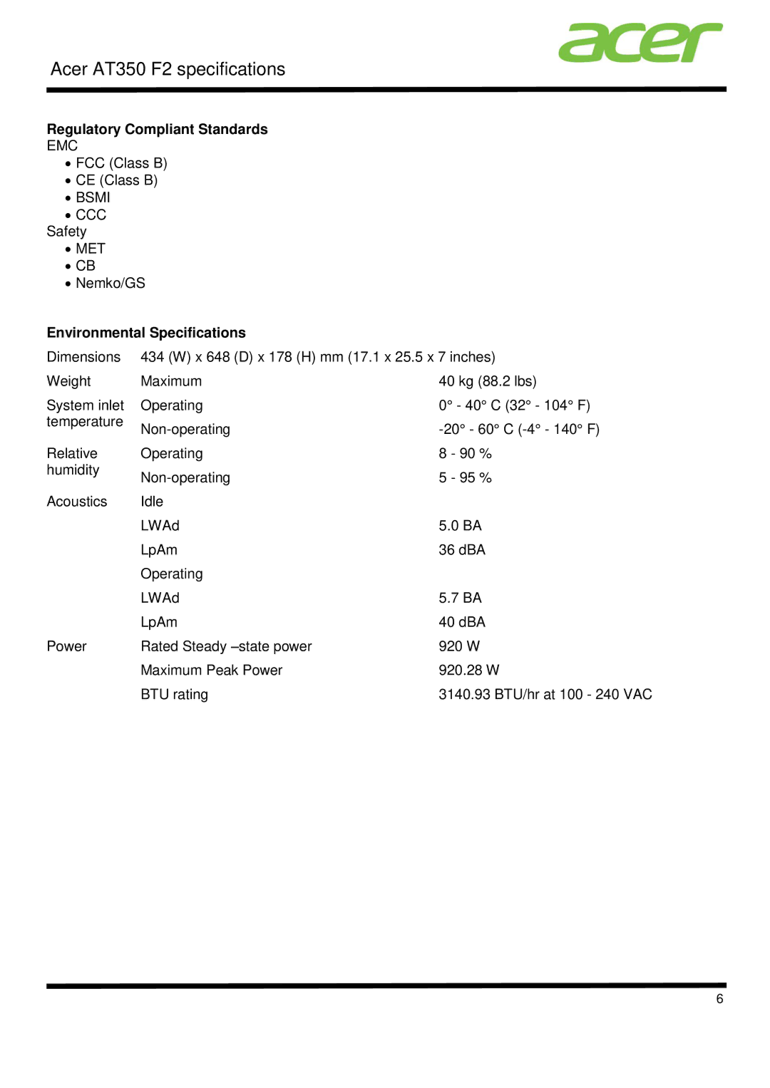 Acer AT350 F2 specifications Regulatory Compliant Standards, Environmental Specifications 