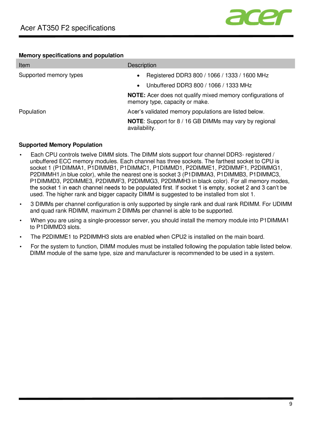 Acer AT350 F2 Memory specifications and population, Supported Memory Population 