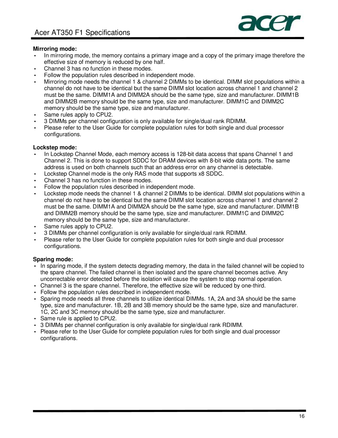 Acer AT350 specifications Mirroring mode, Lockstep mode, Sparing mode 