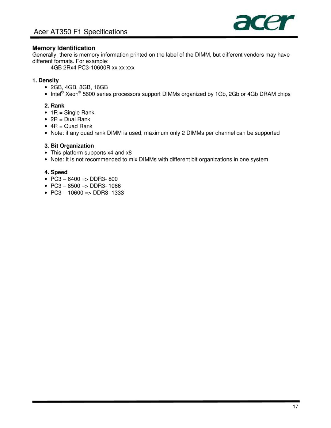 Acer AT350 specifications Memory Identification, Density, Rank, Bit Organization, Speed 