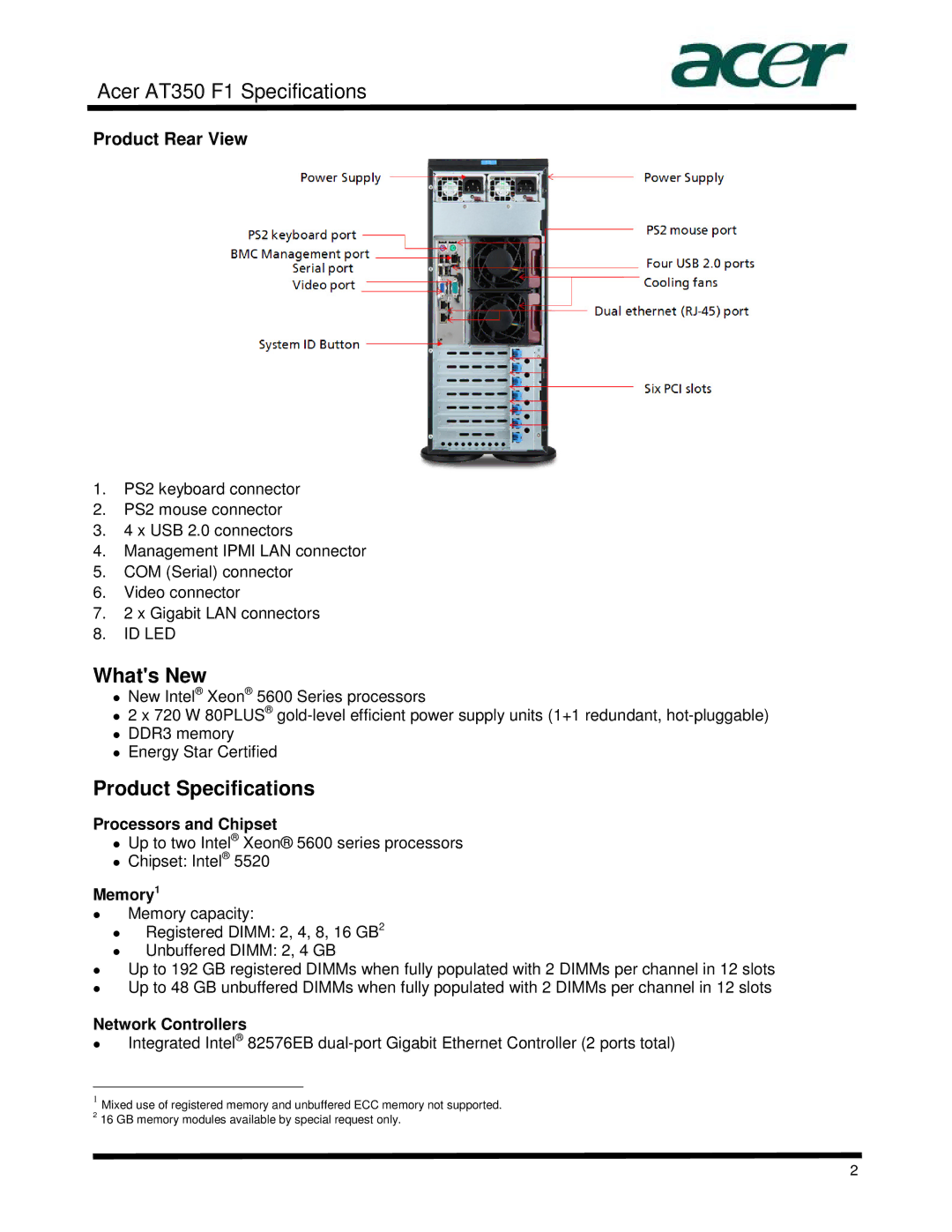 Acer AT350 specifications Whats New, Product Specifications, Product Rear View 