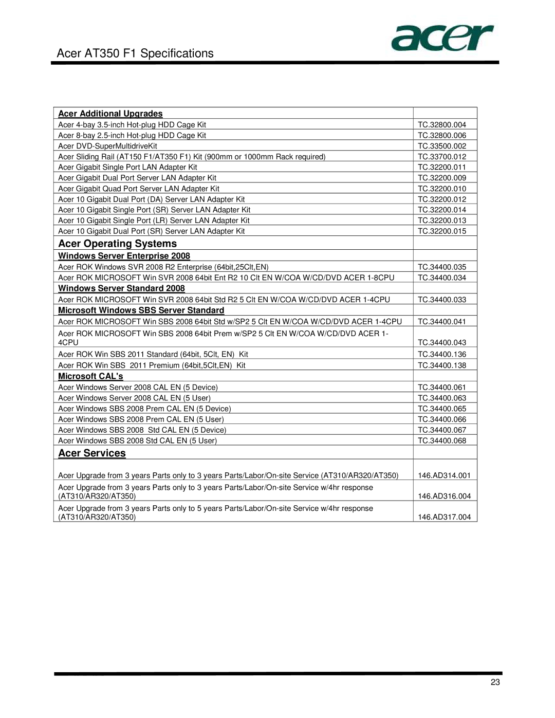 Acer AT350 specifications Acer Operating Systems, Acer Services 