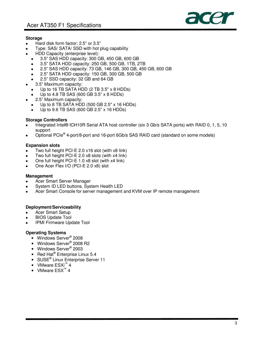 Acer AT350 Storage Controllers, Expansion slots, Management, Deployment/Serviceability, Operating Systems 