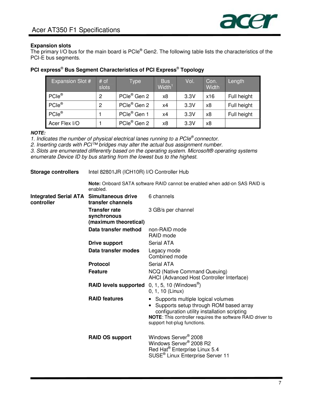 Acer AT350 specifications Expansion slots, RAID OS support 