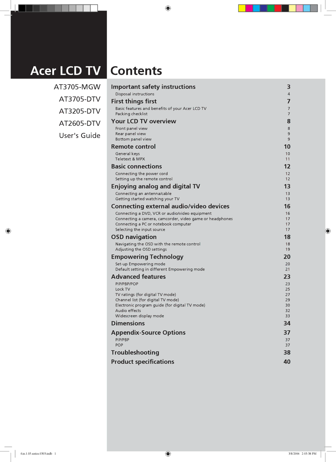 Acer AT3705-DTV, AT3705-MGW important safety instructions Acer LCD TV 