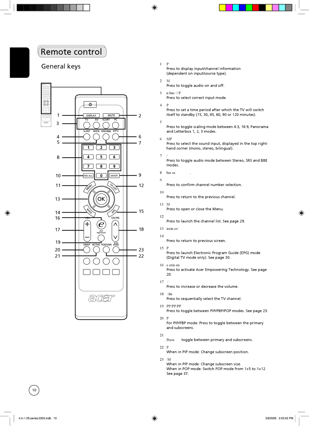 Acer AT3705-MGW, AT3705-DTV important safety instructions Remote control, General keys 